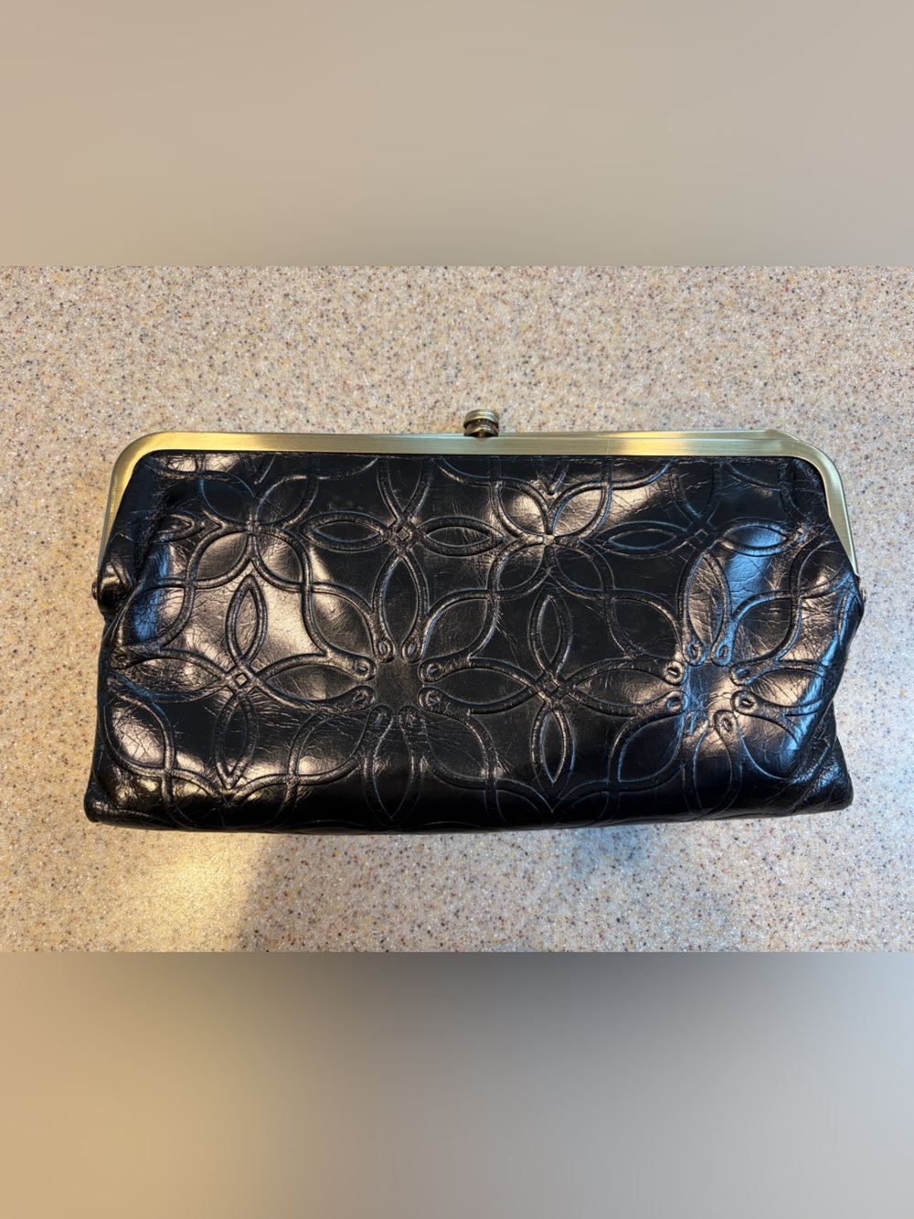 Hobo Lauren Black Lauren  Flower Embossed Wallet with Brass Hardware